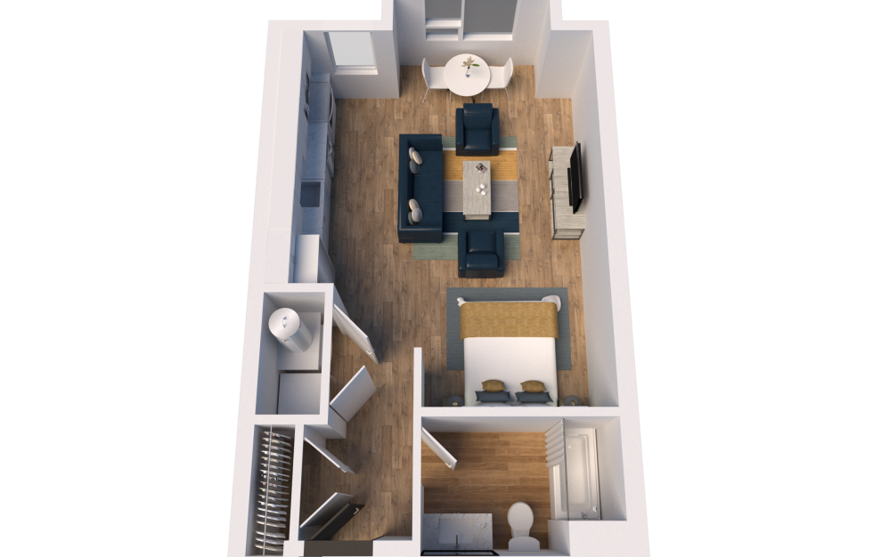 S1 - Studio floorplan layout with 1 bath and 586 square feet. (3D)