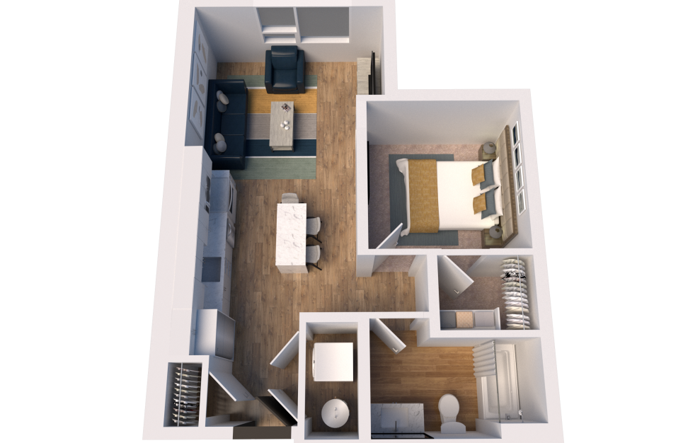 A2 - 1 bedroom floorplan layout with 1 bath and 623 square feet. (3D)