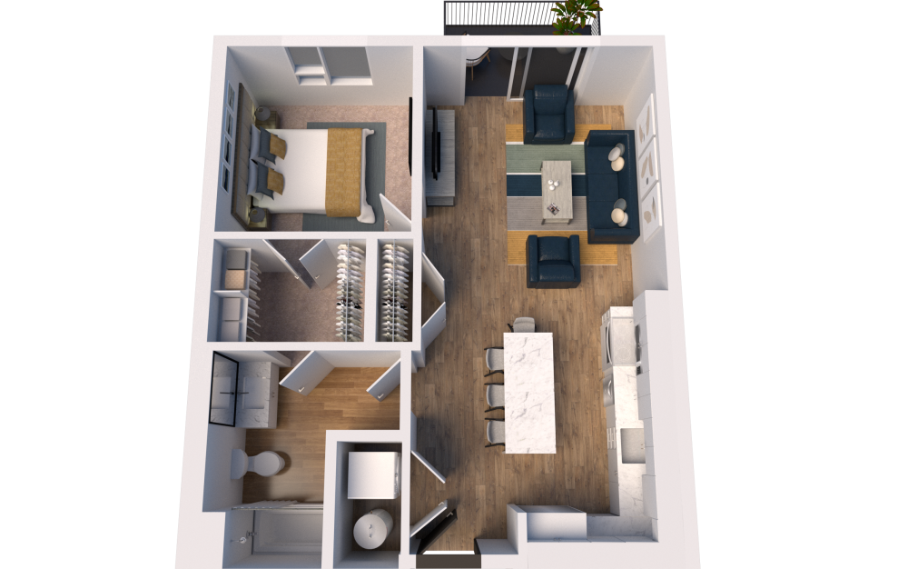 B2 - 1 bedroom floorplan layout with 1 bath and 755 square feet. (3D)