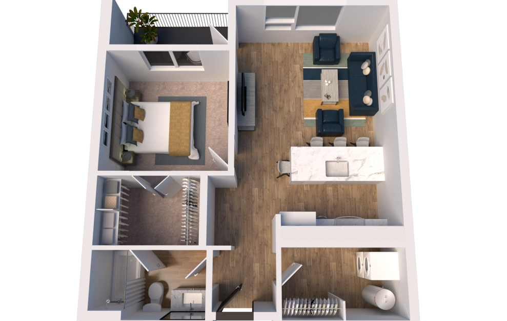 B3 - 1 bedroom floorplan layout with 1 bath and 767 square feet. (3D)