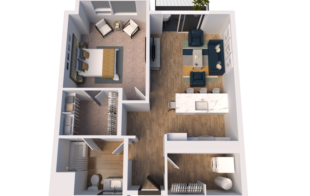 B3-Alt - 1 bedroom floorplan layout with 1 bath and 854 square feet. (3D)