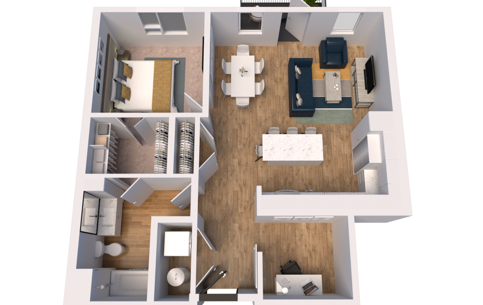 B6-Alt - 1 bedroom floorplan layout with 1 bath and 873 square feet. (3D)
