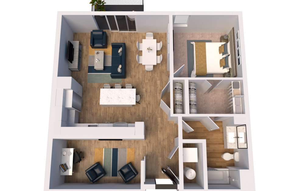 B7 - 1 bedroom floorplan layout with 1 bath and 935 square feet. (3D)
