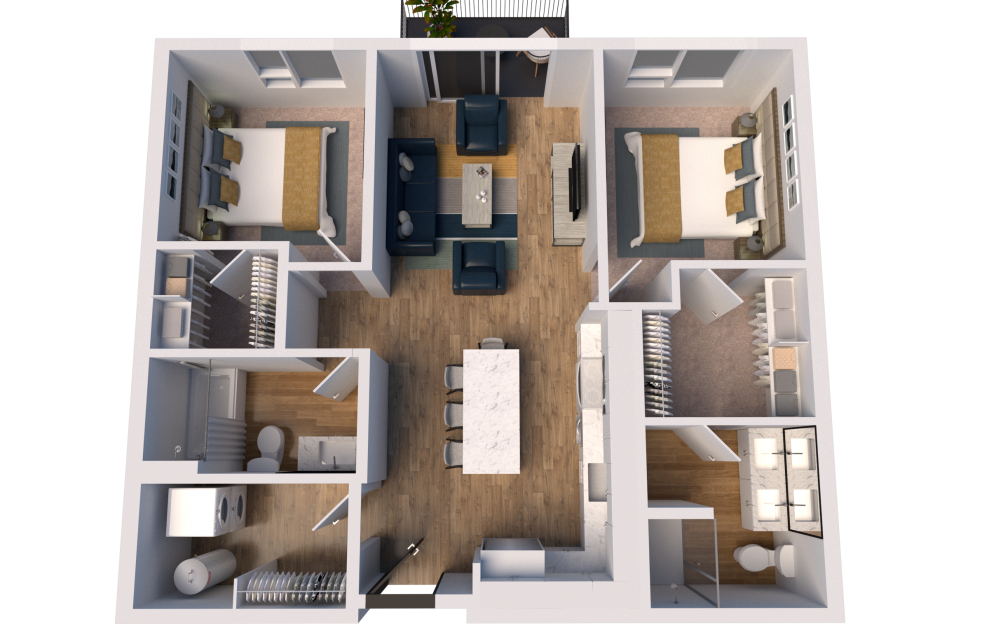 C1 - 2 bedroom floorplan layout with 2 baths and 1014 square feet. (3D)