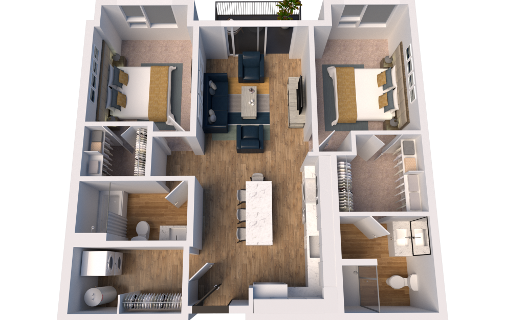 C1-Alt - 2 bedroom floorplan layout with 2 baths and 1063 square feet. (3D)
