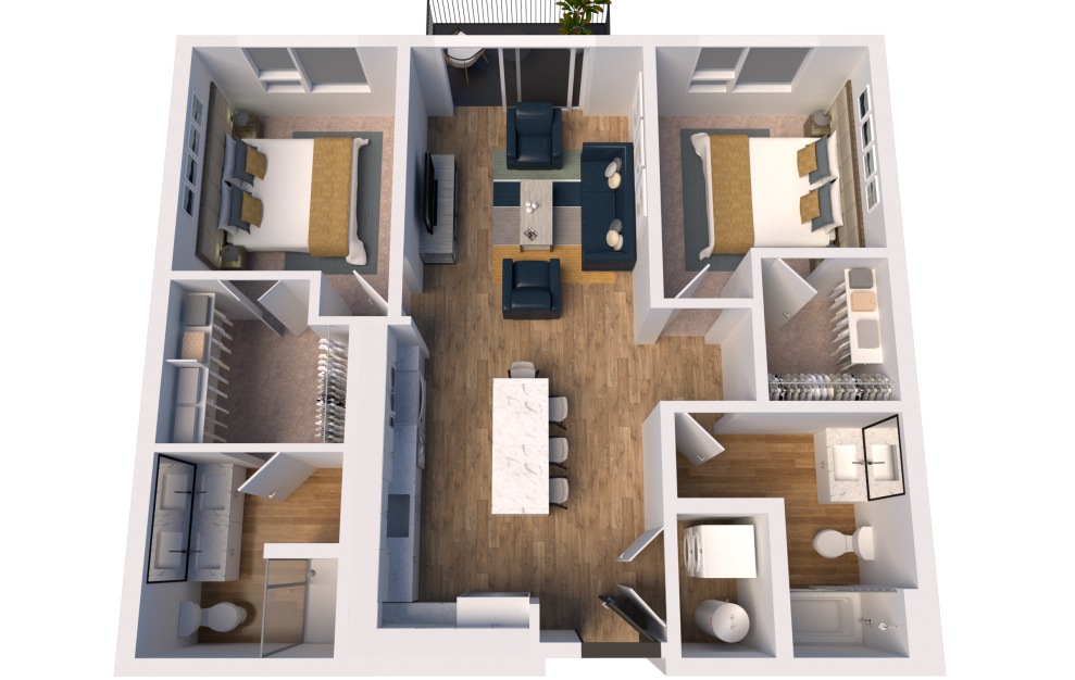 C2 - 2 bedroom floorplan layout with 2 baths and 1014 square feet. (3D)