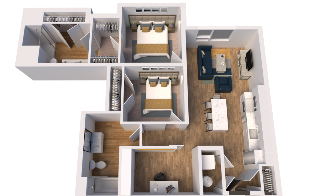 C3 - 2 bedroom floorplan layout with 2 baths and 1104 square feet. (3D)