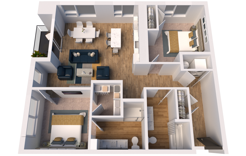 C4-Alt - 2 bedroom floorplan layout with 2 baths and 1160 square feet. (3D)