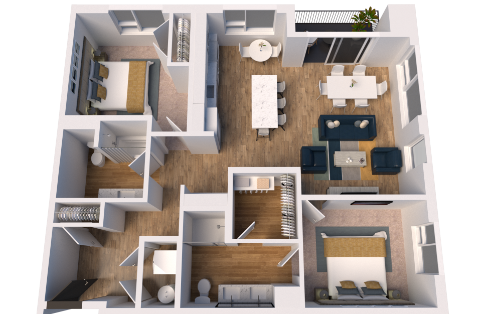 C5 - 2 bedroom floorplan layout with 2 baths and 1177 square feet. (3D)