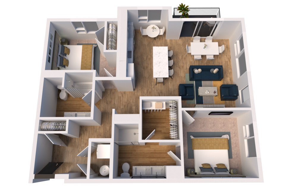 C5-Alt - 2 bedroom floorplan layout with 2 baths and 1132 square feet. (3D)