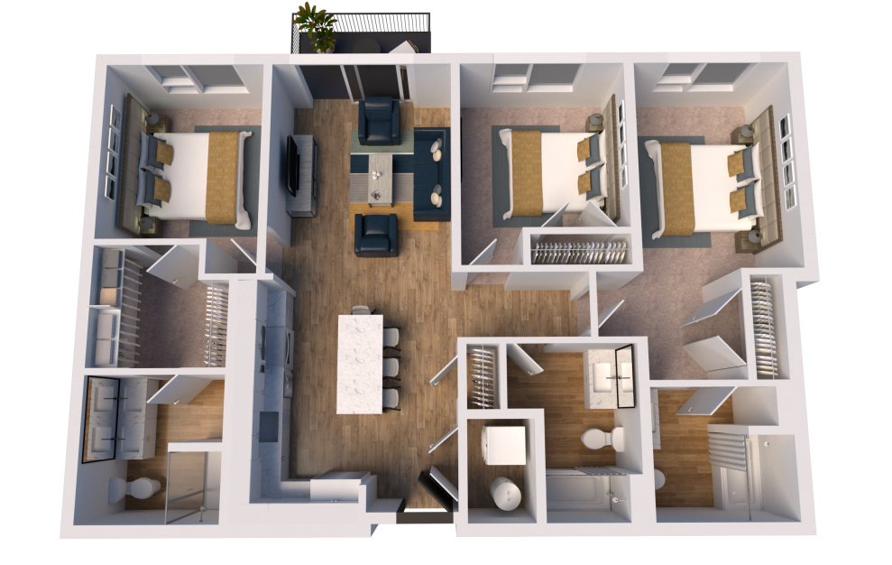D1 - 3 bedroom floorplan layout with 3 baths and 1311 square feet. (3D)