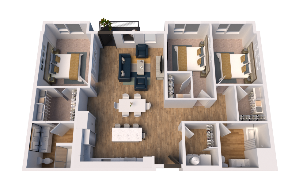 D2 - 3 bedroom floorplan layout with 2 baths and 1501 square feet. (3D)