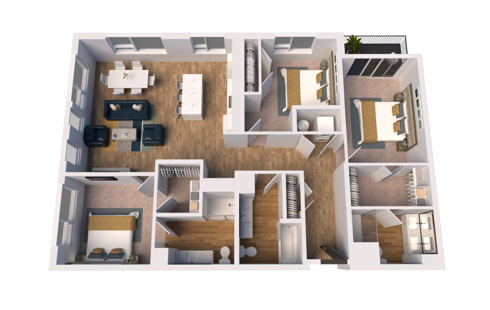 D3 - 3 bedroom floorplan layout with 3 baths and 1520 square feet. (3D)