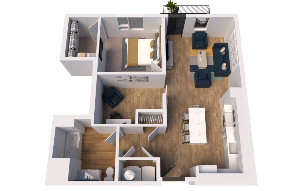 B5A - 1 bedroom floorplan layout with 1 bath and 865 square feet. (3D)