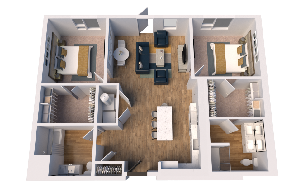 C6A - 2 bedroom floorplan layout with 2 baths and 1196 square feet. (3D)