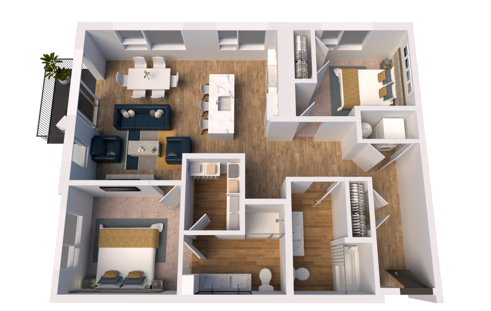 C4 - 2 bedroom floorplan layout with 2 baths and 1107 square feet. (3D)
