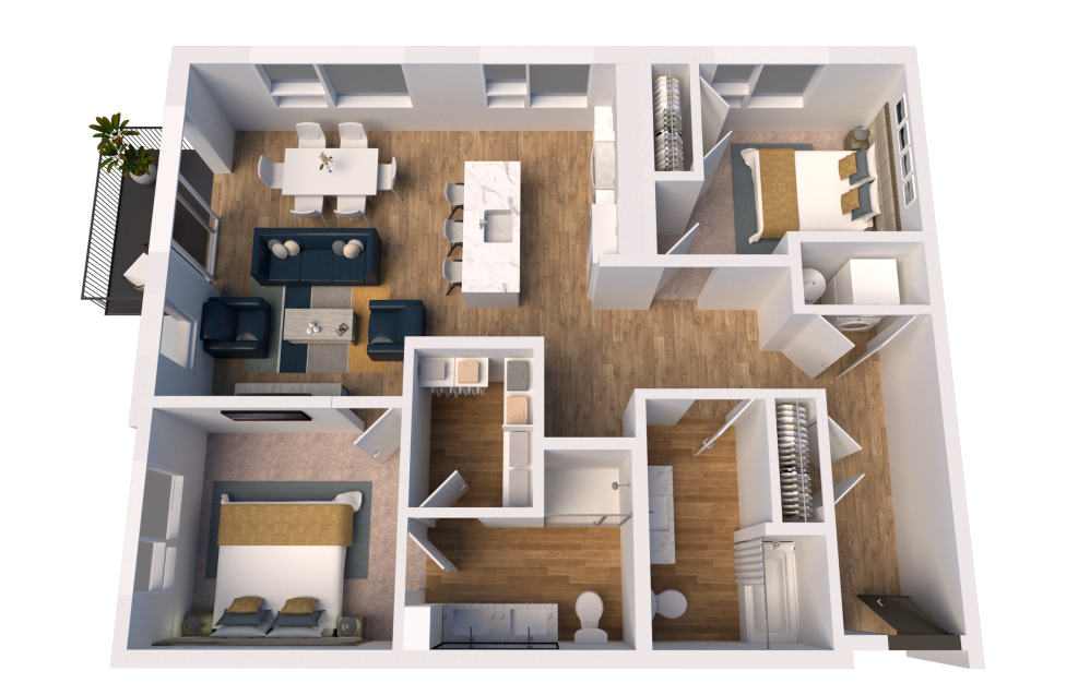 C4 - 2 bedroom floorplan layout with 2 bathrooms and 1107 square feet (3D)