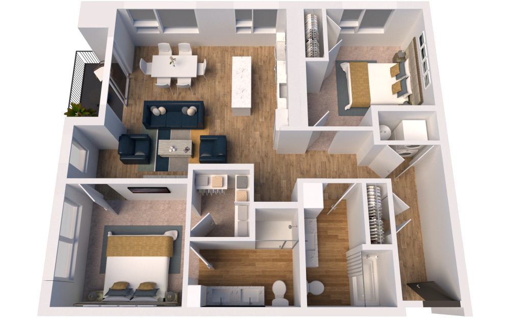 C4-Alt - 2 bedroom floorplan layout with 2 bathrooms and 1160 square feet (3D)