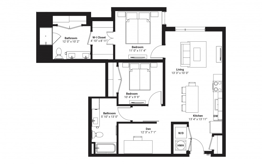 C3 - 2 bedroom floorplan layout with 2 baths and 1104 square feet. (2D)